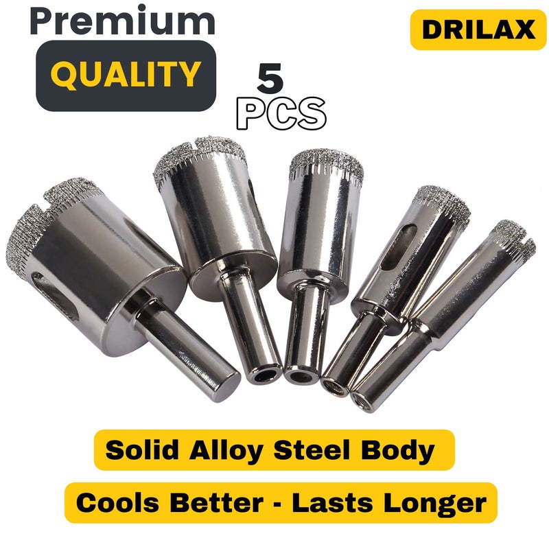 Drilax 5-Pc Diamond Drill Bits Set (3/8" to 1") | Solid Alloy Steel Hole Saws for Ceramic, Glass, Granite & Tile | 1-1/8" Deep Cut - Image 4